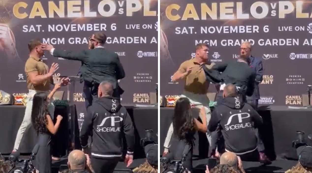 (VIDEO) Bójka na face-to-face! Błyskawiczny unik Canelo i kontra! Meksykanin rozciął rywalowi twarz