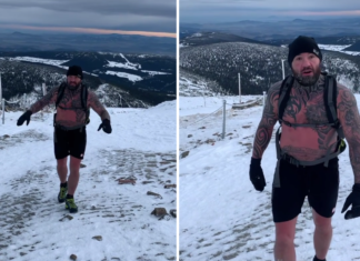 (VIDEO) Michał Materla wszedł na Śnieżkę w samych spodenkach! "Odczuwalna temperatura -22 stopnie. Miałem wodę, ale zamarzła"
